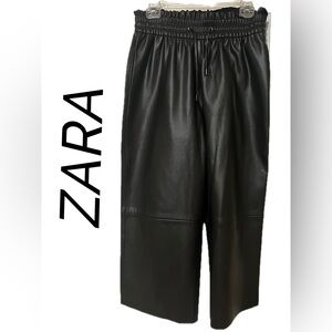 Zara Jet Black Leather Cropped Small Trousers